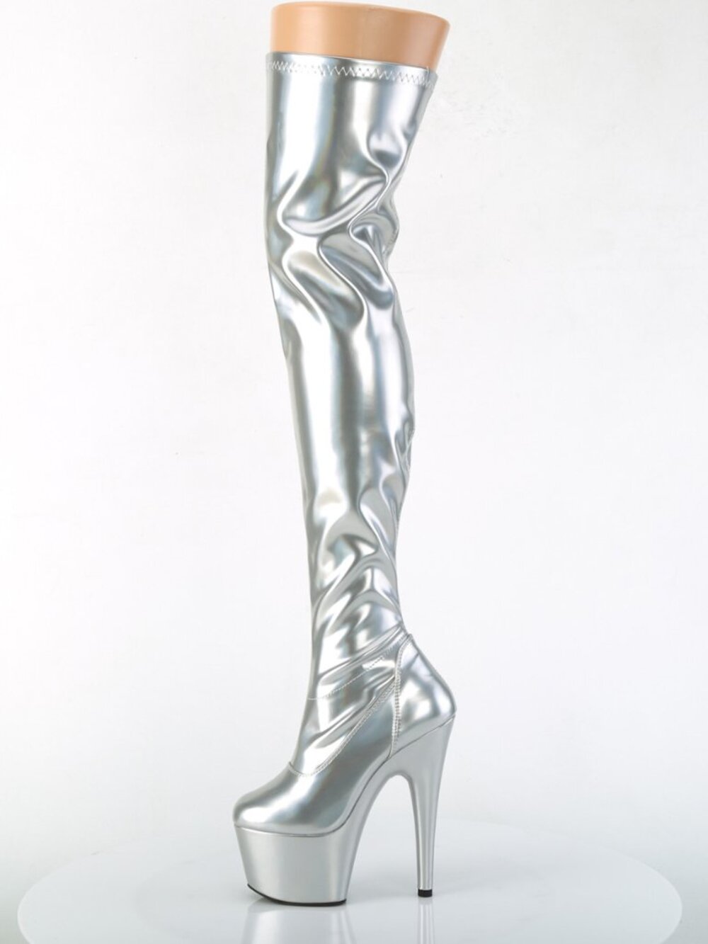 Holographic Silver Thigh High Boots - 7 Inch High Heel Platform Dance Boots